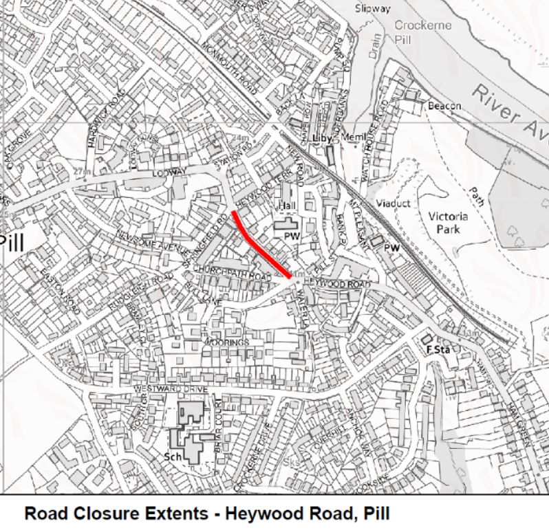 Black and white map showing Heywood Road, Pill, highlighted in red to indicate a road closure.