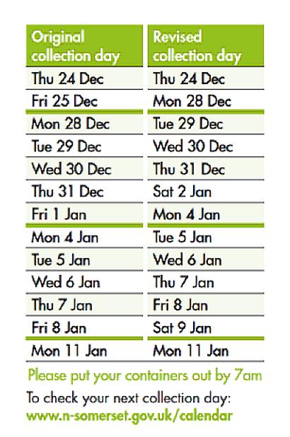 Table showing changes to waste collection dates over the holidays, with original and revised dates listed.