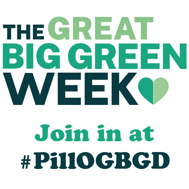 Text reads: "The Great Big Green Week. Join in at #PillOGBGD" with a green heart icon.