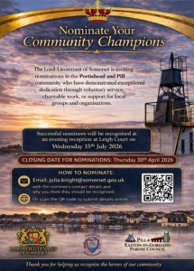Poster inviting nominations for community champions in Portishead and Pill; details and contact information included.