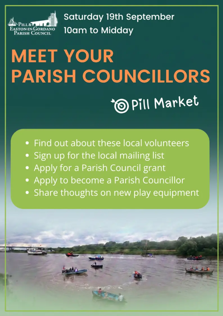 Poster for Meet Your Councillor - 19 Sept 2026 Poster for a “Meet Your Parish Councillors” event with a river scene and a list of community activities.